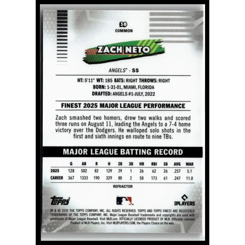 2026 Topps Finest Zach Neto #38 Refractor Angels Common